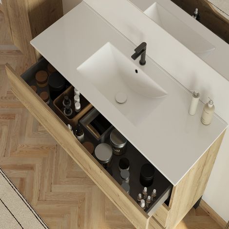 Meuble de salle de bain 100cm simple vasque - sans miroir - 3 tiroirs - madera miel (bois clair) - MATA — photo 2