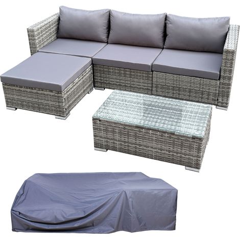 Svita – Ensemble de salon de jardin 5 pièces en polyrotin gris – 2 éléments d'angle et 1 central – Table basse avec plateau en verre – Coussins confortables 8 cm — photo 1