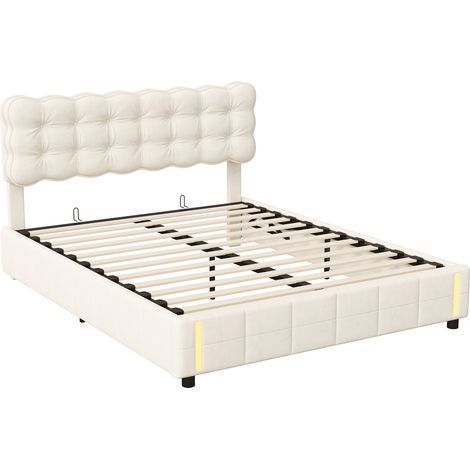 Sureh – Lit coffre 160x200 cm avec sommier à lattes en bois – Tête de lit capitonnée en velours beige – Mécanisme hydraulique avec éclairage LED — photo 4