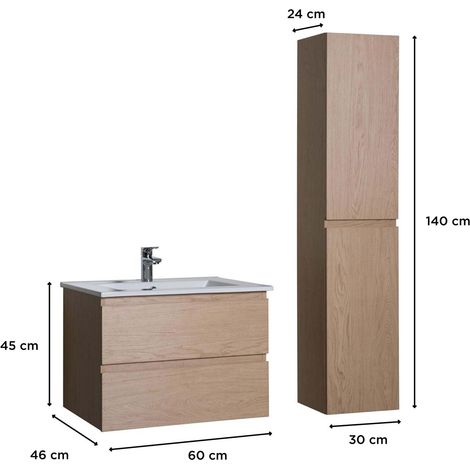 Mob-In – Ensemble meuble salle de bain 60cm – Vasque simple avec colonne 140cm – Décor chêne – Panneau mélaminé résistant — photo 2