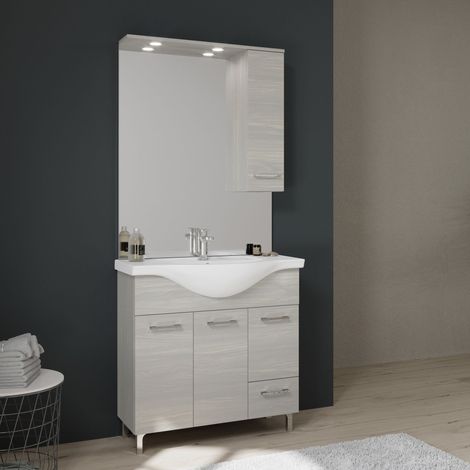 Kiamami Valentina – Meuble de salle de bains 85 cm – Lavabo céramique central – 3 portes et 1 tiroir – Finition chêne gris avec pieds chromés — photo 2