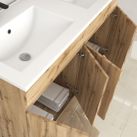 meuble de salle de bains 120cm 4 porteschêne naturel + vasque céramique blanche - timber 120 — photo 2