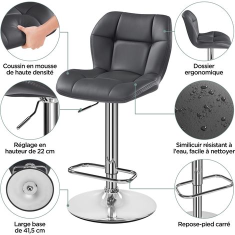 Yaheetech – Lot de 4 tabourets de bar réglables en hauteur – Similicuir et métal – Hauteur d'assise 62,5-84,5 cm – Capacité 136 kg – Gris — photo 3