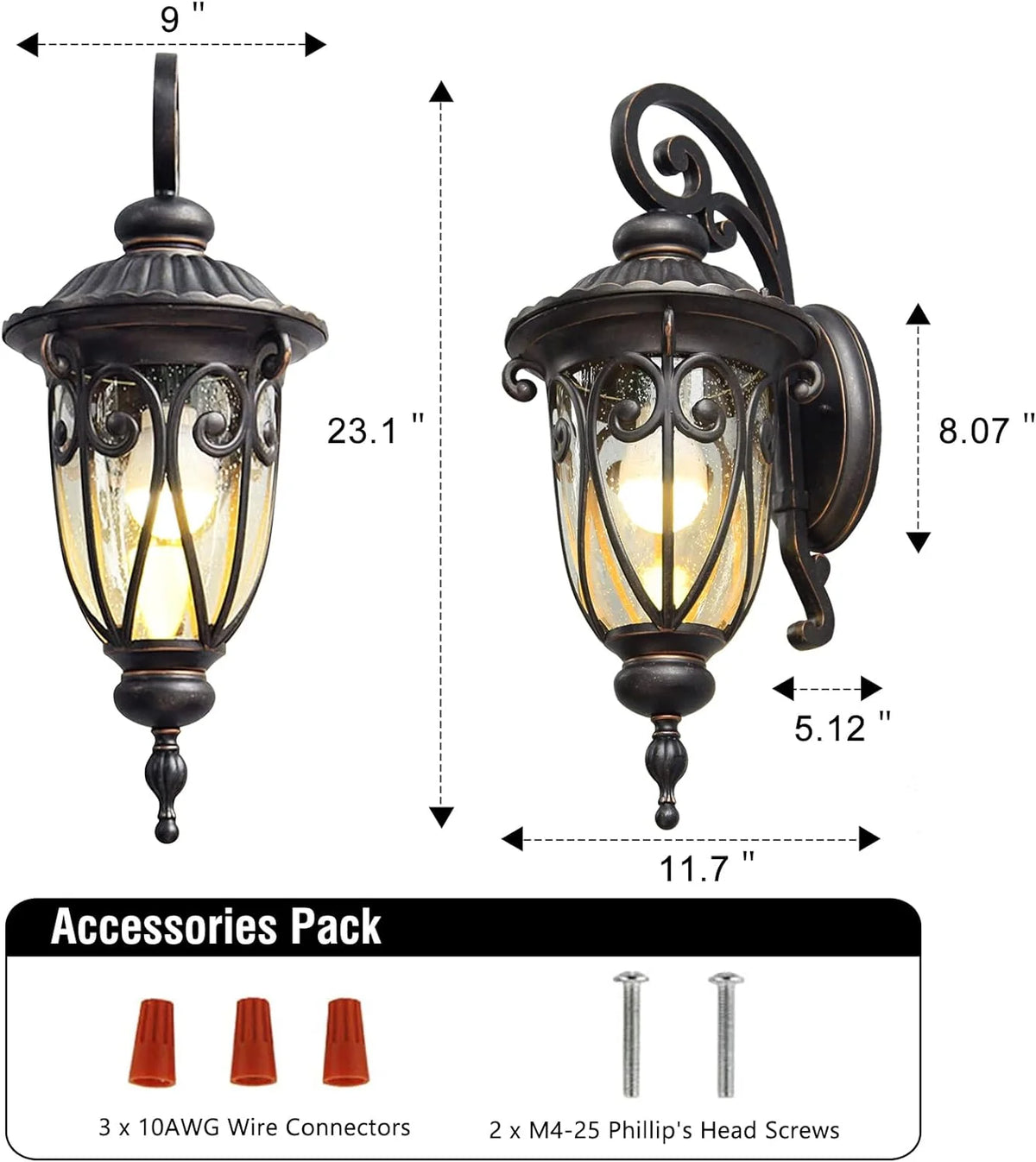 2026 Grande applique murale d'extérieur de 58 cm pour porche, lot de 2, en aluminium, lanterne vintage en bronze avec abat-jo