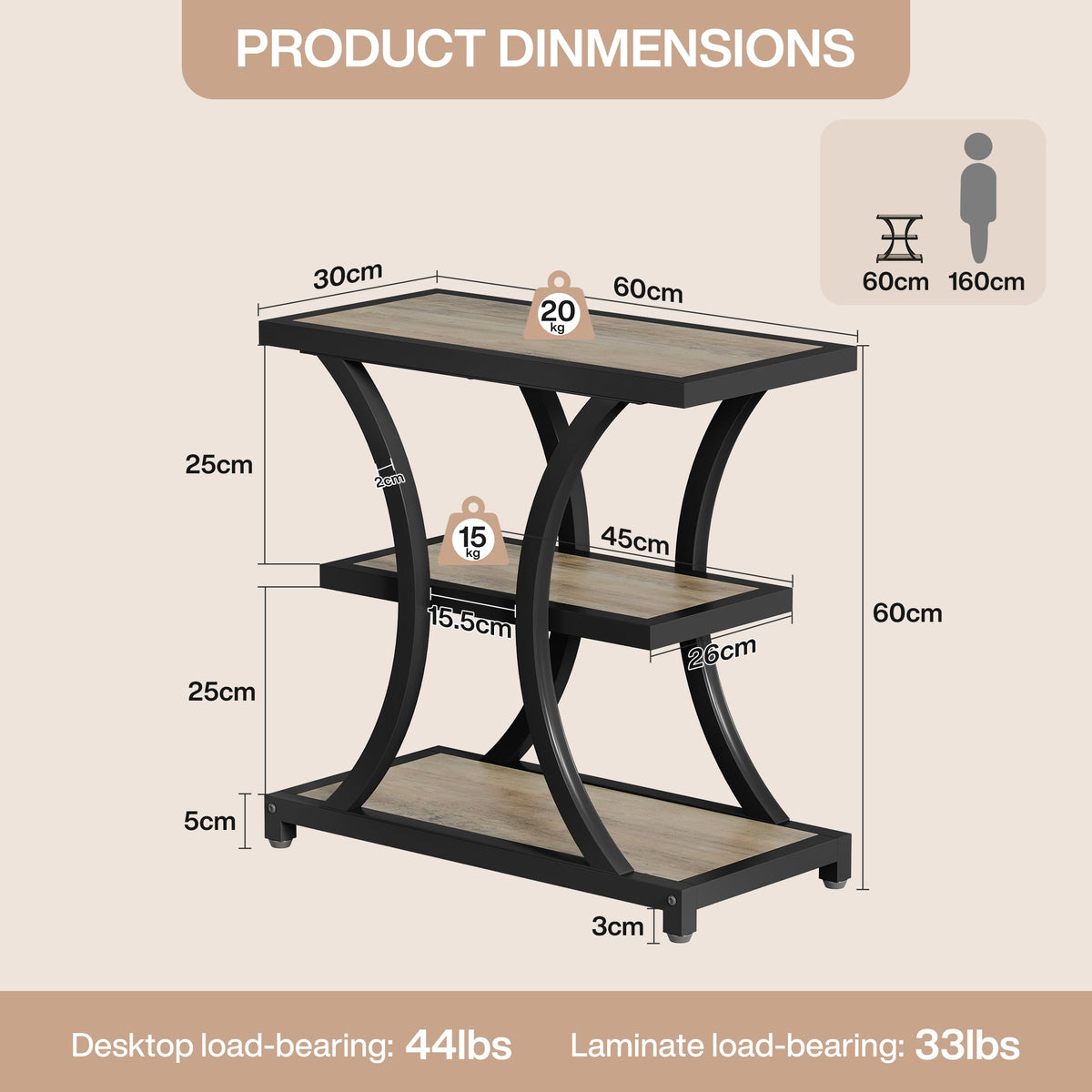 Tribesigns Table d'appoint avec espace de rangement, Table d'appoint à 3 niveaux avec design géométrique en métal