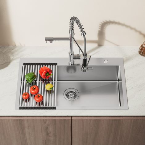 Évier Cuisine en Inox 75 x 45 x 19 CM Évier 1 Bac avec Égouttoir pliable et Système de Drainage, Évier à Encastrer pour Meuble de 80 cm — photo 1