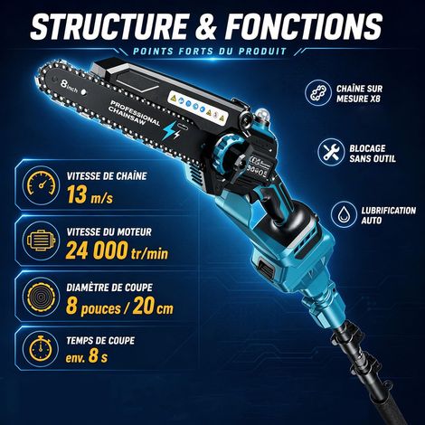 Tronçonneuse télescopique 8 pouces – Moteur Brushless 1200W – 2 batteries 4000 mAh – Extension jusqu'à 4m pour élagage précis - 2-en-1 — photo 3