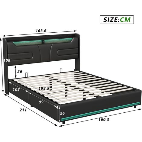 Eifson – Lit coffre 160x200 cm avec éclairage LED réglable – Port de charge USB – Rangement hydraulique – Similicuir noir texturé — photo 2