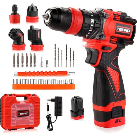 Teeno – Perceuse-visseuse sans fil 18V – Moteur Brushless – 2 vitesses 0-400/0-1600 tr/min – Couple 45Nm – 2 batteries 18V 2.0Ah – Coffret avec accessoires