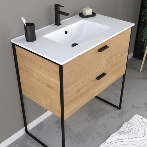 Aurlane – Ensemble meuble de salle de bain 90x45cm – Caisson MDF chêne naturel – Vasque céramique blanche avec trop plein – Miroir cadre noir mat — photo 5