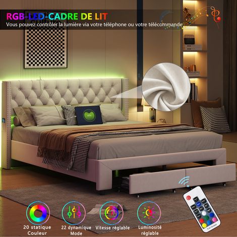 Lit 180x200 cm, 2 places, avec 2 tiroirs, LED, décoration par rivets, USB, poche latérale de rangement, sommier à lattes en bois, cadre en métal, lit capitonné en velours - Beige — photo 4