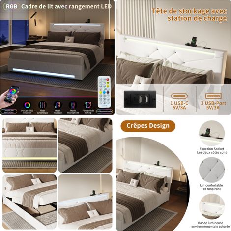 Lit double 140x200cm, lit 140x200 avec rangement, Sommier Inclus, lit coffre avec port USB et LED, Chambre moderne, Beige, lin — photo 2