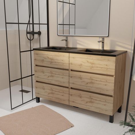 meuble de salle de bains 120 cm 6 tiroirs chêne naturel + vasque double céramique noire - timber — photo 1