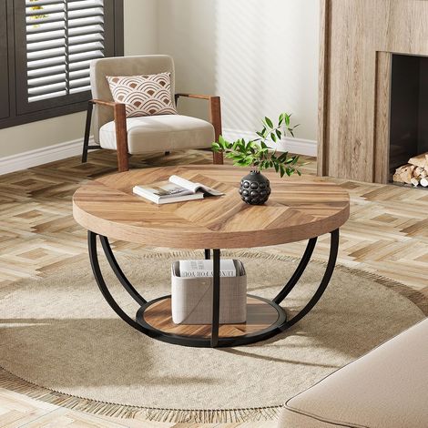 Tribesigns – Table basse ronde industrielle moderne 2 niveaux – Bois d'ingénierie et métal – Pour salon contemporain – Étagères pratiques — photo 2