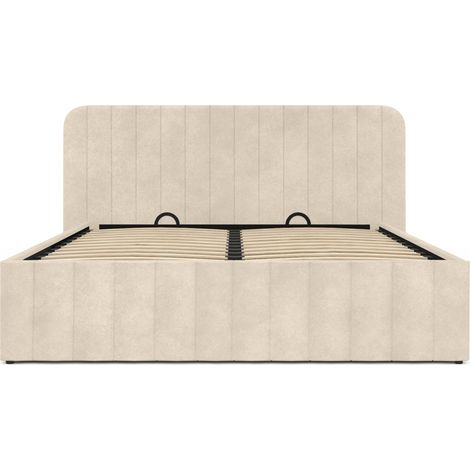 Idmarket – Lit coffre double 140 x 190 cm – Tête de lit capitonnée velours beige – Sommier métal 24 lattes – Grand coffre de rangement — photo 3