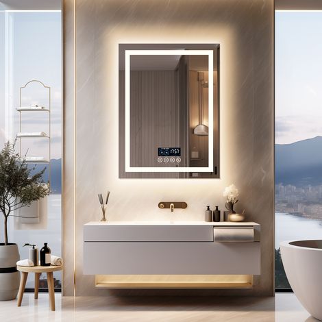 Luvodi – Miroir salle de bain LED Bluetooth 70×90 cm – Rectangulaire anti-buée – 3 couleurs de lumière – Affichage heure et température – IP56 — photo 2