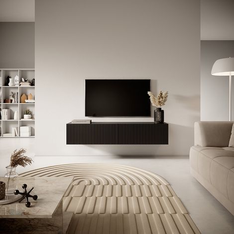 Selsey – Meuble TV 140 cm noir – Façade biseautée – Panneau stratifié résistant à l'humidité – 2 armoires spacieuses pour rangement — photo 2