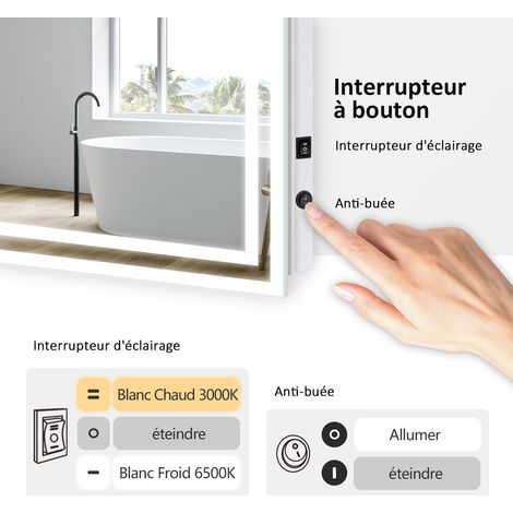 EMKE Miroir de salle de bain 120x60cm, Miroir LED avec Interrupteur à bouton, Anti-buée, Miroir avec éclairage lumière Blanche Froide/Chaude — photo 2