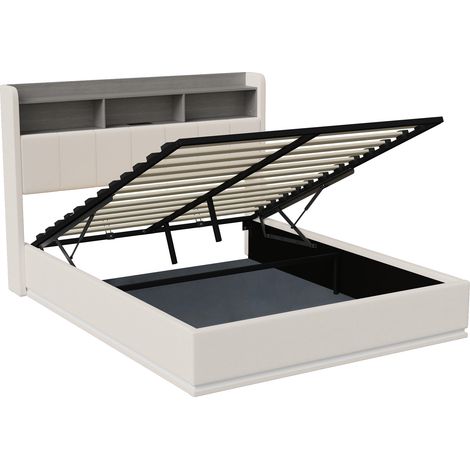 Lit coffre 140x190,lit 140x190 avec sommier, Velours blanc - USB intégré - LED - 3 compartiments de rangement — photo 3
