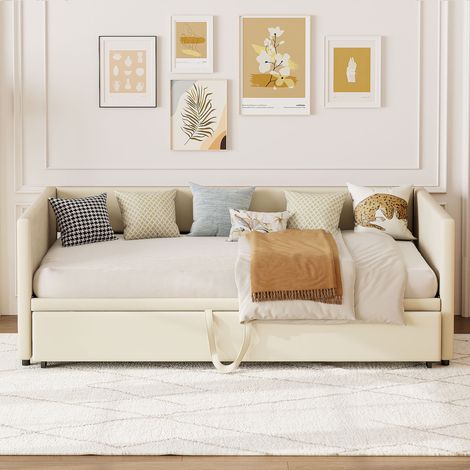 Tanant – Lit gigogne 90/180x200cm – Canapé-lit capitonné extensible – Velours beige – Structure durable – Pour petits espaces – Confort optimal — photo 4