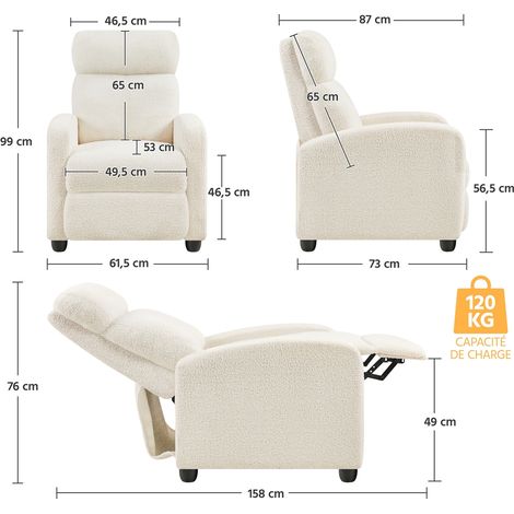 Yaheetech – Fauteuil relax en tissu bouclette ivoire – Dossier réglable jusqu'à 160° – Repose-pied – Capacité 120 kg – Dimensions 61,5x87x99 cm — photo 4