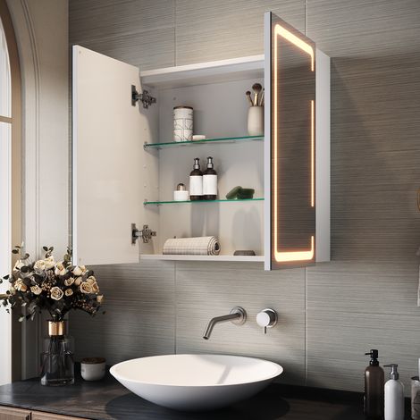 SIRHONA  Miroir lumineux de salle de bain avec prise rasoir Anti-buée meuble à miroir avec éclairage LED Armoires de salle de bain murales 590 x 600mm — photo 2