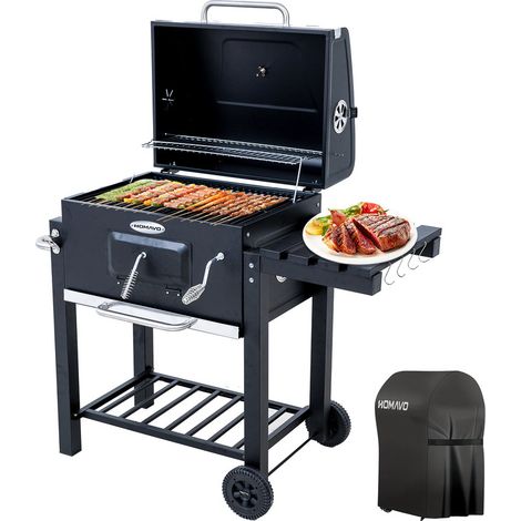 HOMAVO Barbecue Charbon de Bois, Surface de Cuisson: 56×42,5 cm, Bac à Charbon Réglable en Hauteur, Table Latérale Pliante, Thermomètre, Housse Barbecue Incluses — photo 1