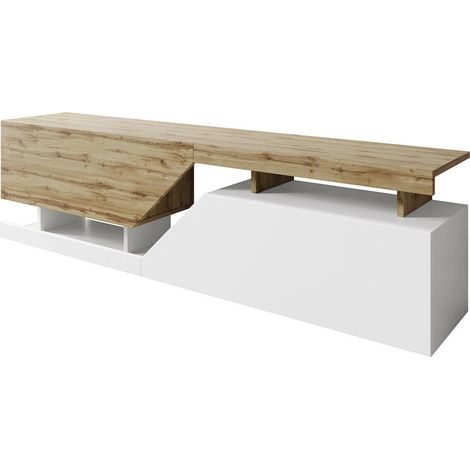 Mobilier1 – Meuble TV blanc et chêne wotan 160x47x35cm – 2 portes – Panneau stratifié 16mm – Système 'Push to Open' pour accès facile — photo 1