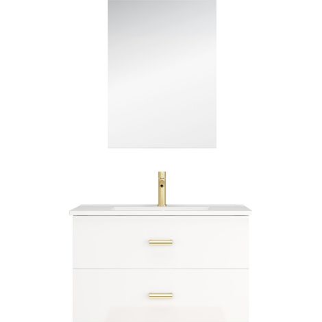 meuble salle de bains 80 cm laqué blanc et or doré à tiroirs avec vasque céramique et miroir — photo 3
