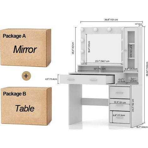 Coiffeuse avec miroir et 10 ampoules LED – Station de charge intégrée – Luminosité réglable – Dimensions 101x40x143 cm – 5 tiroirs, 1 armoire – Blanc — photo 5