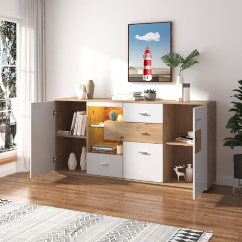 Okwish – Buffet blanc 4 portes 3 tiroirs – Éclairage LED 15 couleurs – Dimensions 160x40x77 cm – Panneaux de particules – Style moderne — photo 6