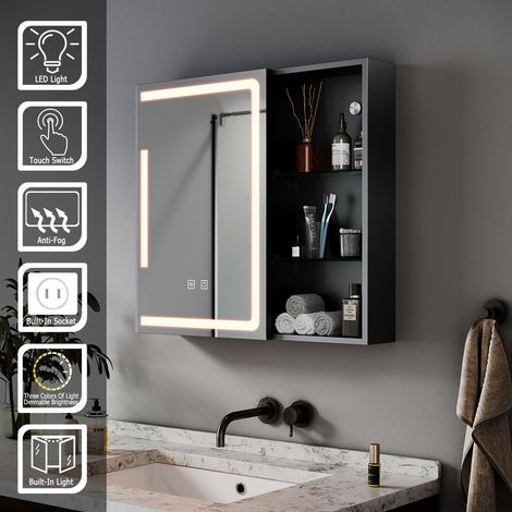 SIRHONA Armoire murale de salle de bain avec prise rasoir 3 modes d'éclairage 650x600mm Armoire de salle de bain design à rangement ouvert — photo 1