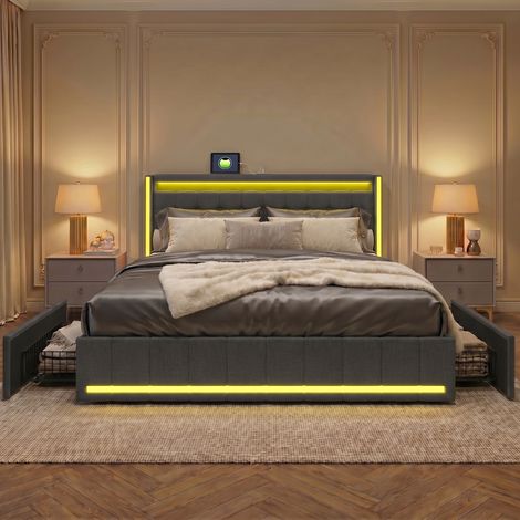 Lit 140x190 cm avec sommier, lit double capitonné, 4 tiroirs,  éclairage LED réglable, deux ports USB/C, style scandinave, Lin - Gris Foncé — photo 2