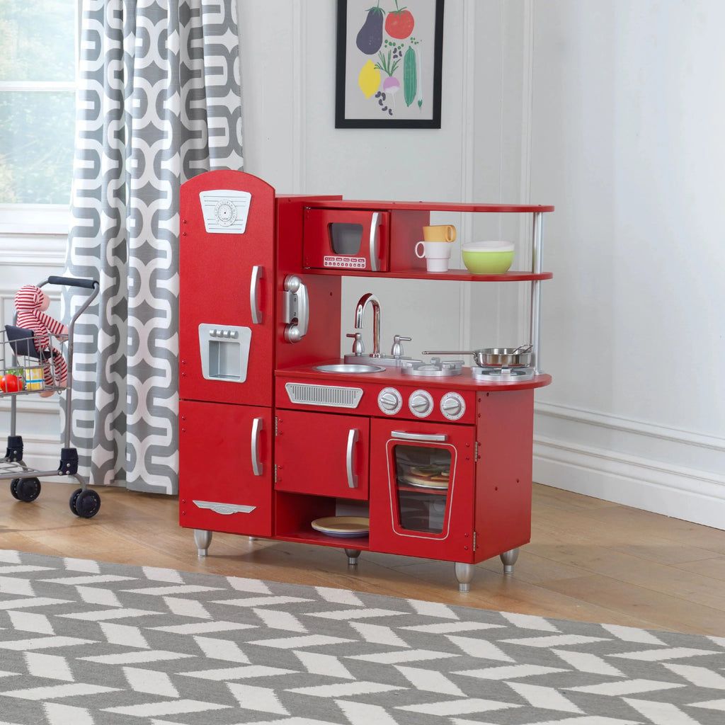 2026 Cuisine enfant en bois rouge vintage KidKraft avec téléphone jouet