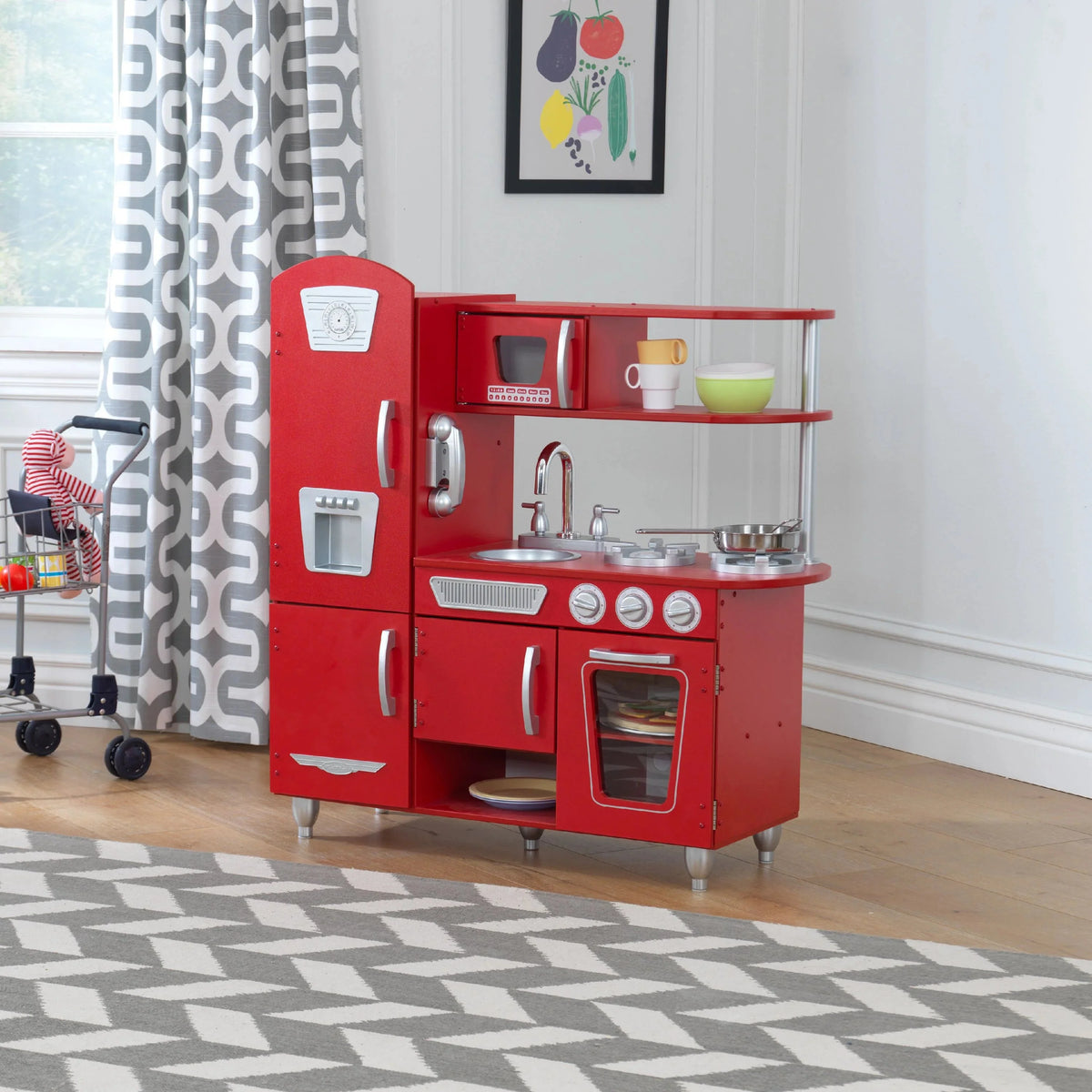 2026 Cuisine enfant en bois rouge vintage KidKraft avec téléphone jouet