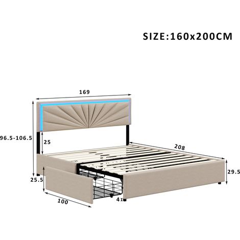 Dans Les Nuages – Lit double capitonné 160x200 cm – Tissu lin beige – Éclairage LED télécommandé – 4 tiroirs de rangement – Style scandinave moderne — photo 4