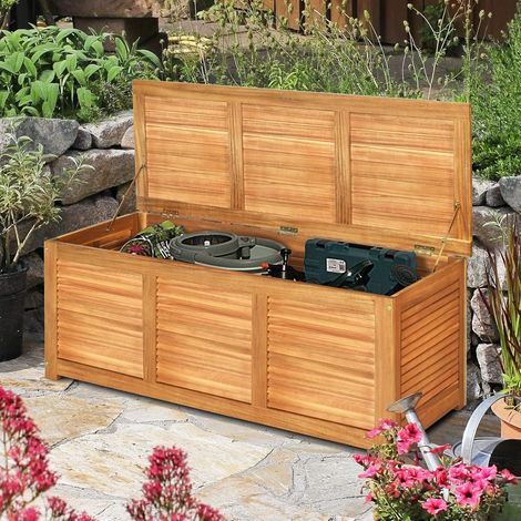 Goplus – Coffre de jardin en bois d'acacia certifié FSC 120x45x45cm – Boîte de rangement avec couvercle et capacité 150kg – Idéal pour outils et coussins - FSC-120x45x45CM- — photo 5