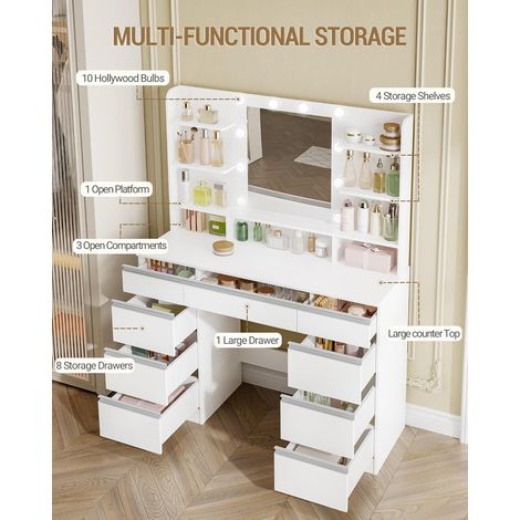 Coiffeuse enfant avec miroir HD et éclairage LED – 10 lumières réglables – 9 tiroirs et 9 étagères ouvertes – Blanc veiné bois — photo 2