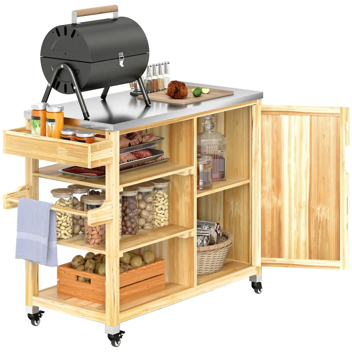 2026 Outsunny Grillwagen Outdoor Kücheninsel mit Rollen Massivholz