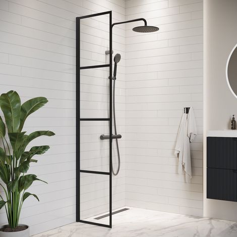 Badplaats – Paroi de douche fixe 40 x 200 cm – Verre de sécurité 8 mm – Traitement anticalcaire – Profilé noir en aluminium — photo 1