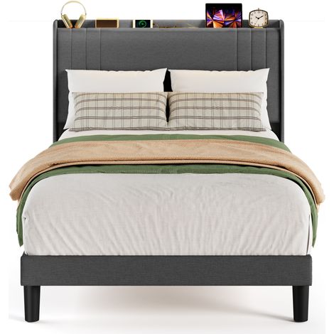 Lit Simple Capitonné 120 x 200 cm avec Prise et Tête de Lit LED Réglable Rangement Bealife Sommier à Lattes Tissu en Lin Lit Enfant Adolescent Gris Foncé — photo 1