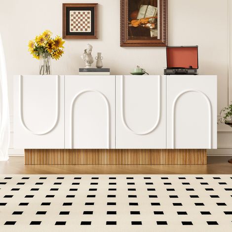 Buffet enfilade 160 cm blanc et bois - bahut de salon moderne avec 4 portes,relief et étagères ajustables -mdf- meuble de rangement salle à manger — photo 1