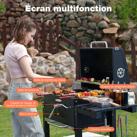 HOMAVO Barbecue Charbon de Bois, Surface de Cuisson: 56×42,5 cm, Bac à Charbon Réglable en Hauteur, Table Latérale Pliante, Thermomètre, Housse Barbecue Incluses — photo 2
