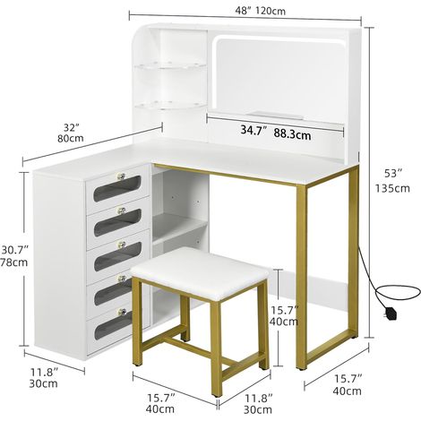 Coiffeuse avec miroir led, Coiffeuse avec Miroir et Tabouret – Design Blanc en L, Parfaite pour Votre Coin Beauté — photo 2