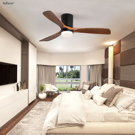 Ventilateur de plafond 132 cm – 3 pales en bois massif – Moteur CC réversible – Télécommande 6 vitesses – Corps noir, lames noyer — photo 1