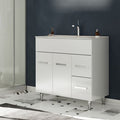 Saniverre – Meuble salle de bain sur pieds avec vasque simple céramique blanche L. 80 cm – 2 portes battantes et 2 tiroirs coulissants – Finition brillante — photo 1