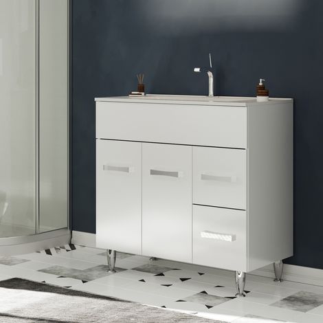 Saniverre – Meuble salle de bain sur pieds avec vasque simple céramique blanche L. 80 cm – 2 portes battantes et 2 tiroirs coulissants – Finition brillante — photo 1