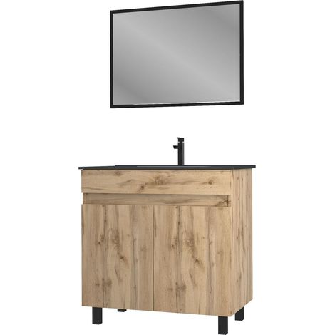 meuble salle de bain 80x80 cm - finition chene naturel + vasque noire + miroir - timber 80 - pack05 — photo 3