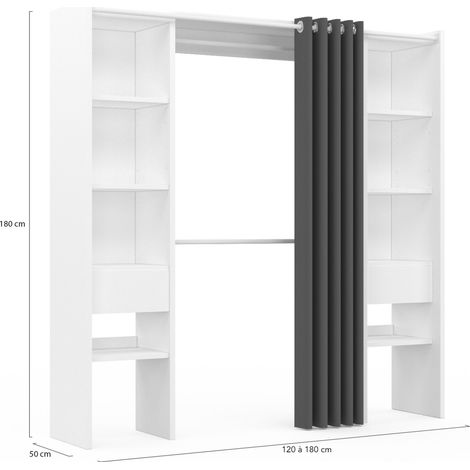 Idmarket – Dressing modulable extensible 120/180 cm – Largeur 50 cm – Hauteur 180 cm – 8 étagères réglables – Double penderie avec rideau gris — photo 4