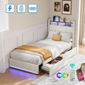 Lit 90x200 cm, avec quatre tiroirs, éclairage LED réglable, 2 USB et 1 fonction de charge tpcy-c, lin, convient aux adultes et aux adolescents, Beige — photo 1